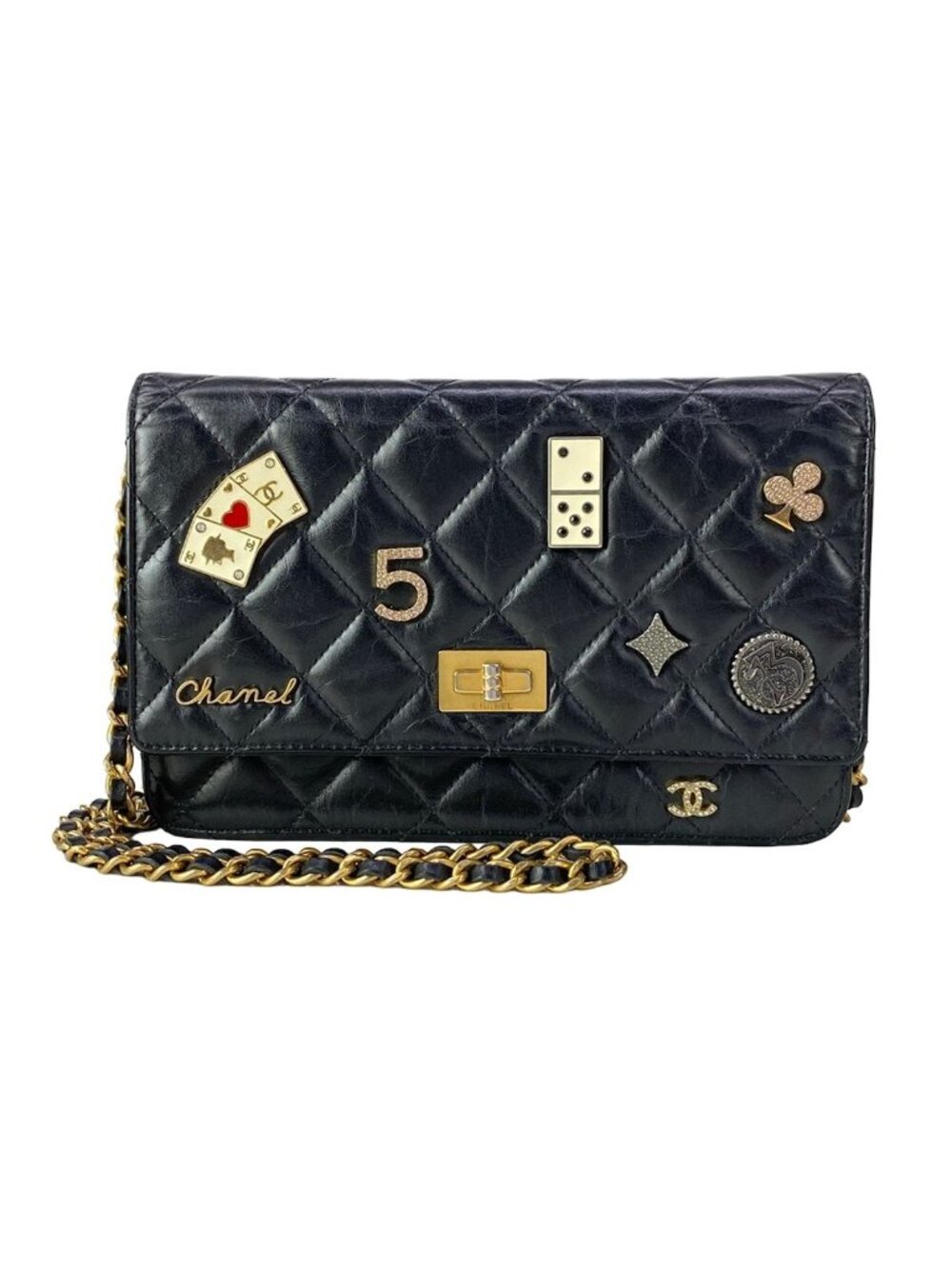 Chanel Shoulder Bag 2.55 Icon Charm Black Vintage Gold Chain